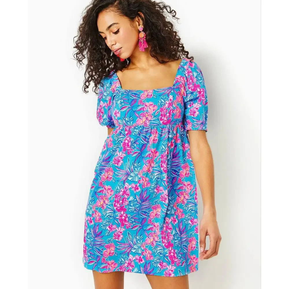 Lilly Pulitzer Blue Pink Cumulus Orchid Oasis Short Sleeve Delaney Dress Size 6